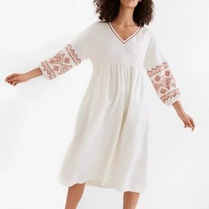 Madewell. Size Small. Embroidered-Sleeve Popover Cotton/Linen Midi Dress